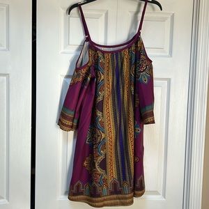 Vintage Print Kimono Sleeve Geometric Tunic Boho Dress Burgandy color Size Large